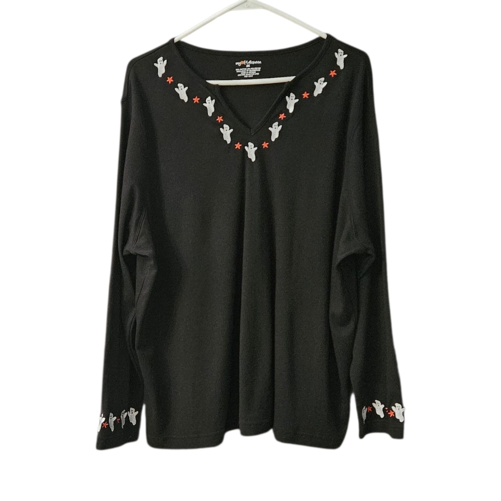My Halloween Women's Halloween Shirt Embroidered Long Sleeve 2X Ghosts Black